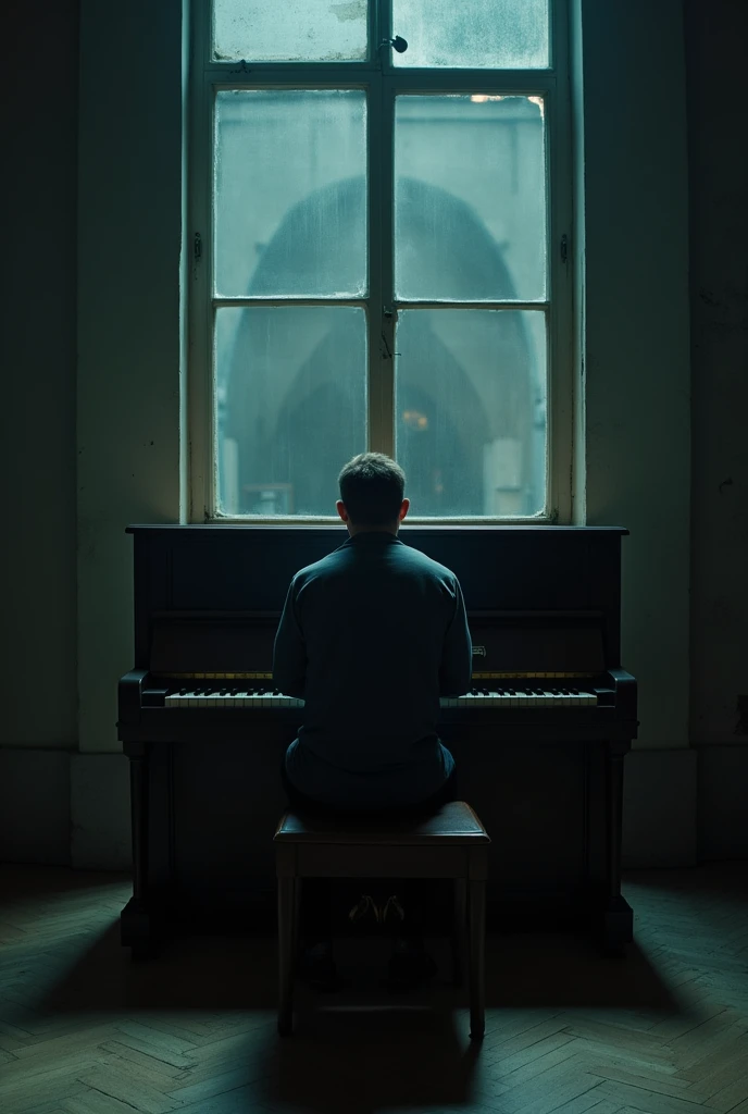 Create a melancholic and introspective album cover for the song 'EU QUIS VOCE', with the title clearly displayed on the image. The scene should depict a dimly lit room with a vintage piano in the foreground, its keys slightly worn, hinting at the passage of time. A man, seen from behind, sits at the piano, his figure slightly slouched as if lost in deep thought or regret. The lighting should be soft, casting long shadows that add depth and a sense of mystery to the scene.

In the background, include a slightly blurred reflection of the man in a large window or mirror, symbolizing the duality of his actions and the hidden truths within him. The color palette should be a mix of deep blues, muted grays, and warm amber tones, creating a somber and reflective mood.

Ensure that the title 'EU QUIS VOCE' is prominently displayed in a sophisticated, elegant font that blends seamlessly with the overall aesthetic but remains clearly visible. The design should evoke feelings of melancholy, introspection, and the complexity of emotions tied to love and deceit.