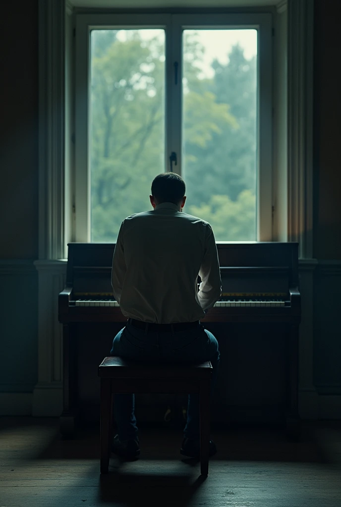 Create a melancholic and introspective album cover for the song 'EU QUIS VOCE', with the title clearly displayed on the image. The scene should depict a dimly lit room with a vintage piano in the foreground, its keys slightly worn, hinting at the passage of time. A man, seen from behind, sits at the piano, his figure slightly slouched as if lost in deep thought or regret. The lighting should be soft, casting long shadows that add depth and a sense of mystery to the scene.
In the background, include a slightly blurred reflection of the man in a large window or mirror, symbolizing the duality of his actions and the hidden truths within him. The color palette should be a mix of deep blues, muted grays, and warm amber tones, creating a somber and reflective mood.
Ensure that the title 'EU QUIS VOCE' is prominently displayed in a sophisticated, elegant font that blends seamlessly with the overall aesthetic but remains clearly visible. The design should evoke feelings of melancholy, introspection, and the complexity of emotions tied to love and deceit.