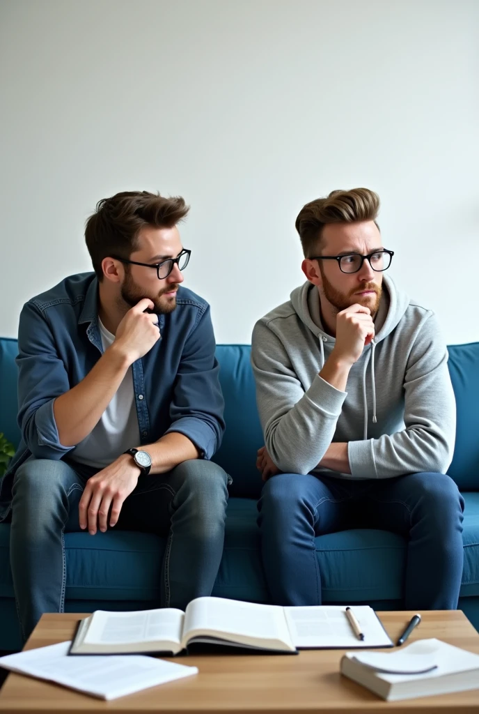 Two men on a blue sofa with a white background thinking about an exam.