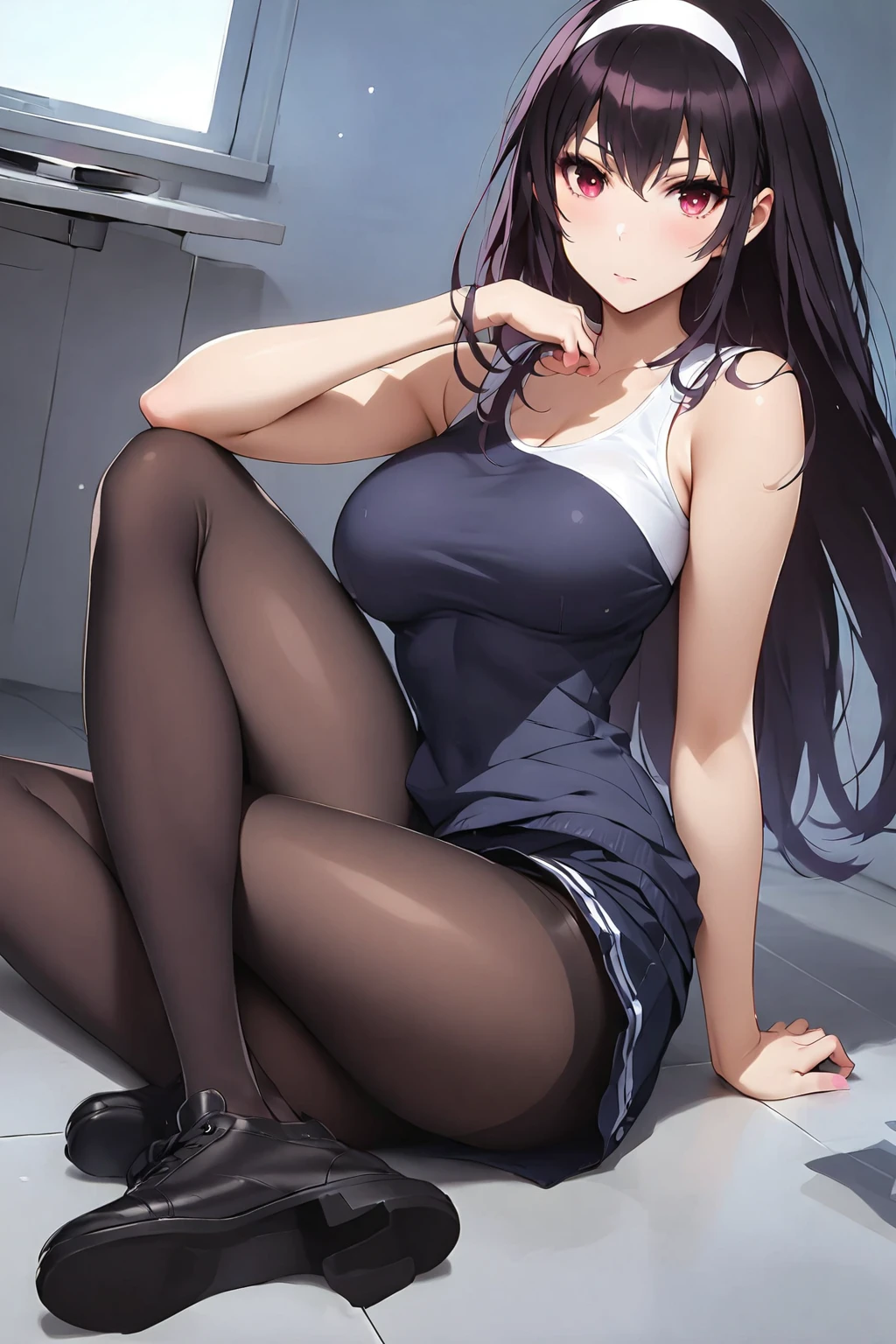 Top quality, masterpiece, High resolution, (Head to toe full body), Composition from slightly below the front, Symmetric, 18-year-old, Slim and beautiful girl, alone, Large Breasts, (No shoes),Long, unkempt black hair, bangs, (black tights), (Black Pantyhose), (Sit on the floor with your legs open), (Spread-legged pose on bed), Both arms are tied behind one&#39;s back, (Composition showing white panties), (Her legs were spread、I see your white pants.), blush, Shy big eyes, looking at the camera, Blazer Uniform, Checkered Pleated Skirt