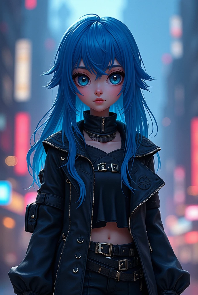 a girl with blue hair, wearing all black clothes, with big eyes and looking like a game character