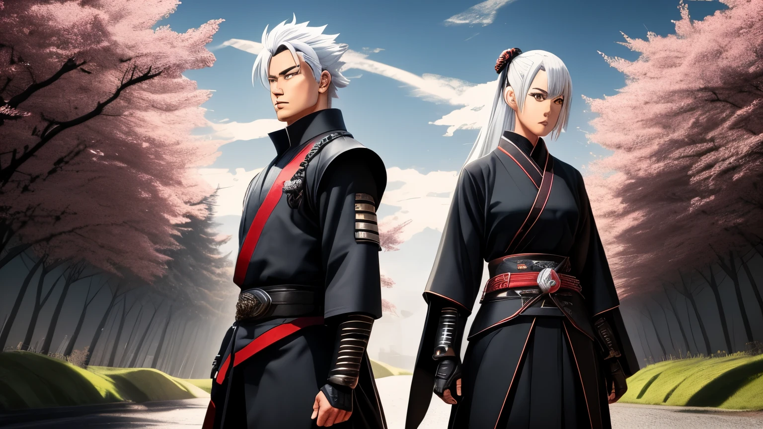 Sci fi future Samurai anime couple standing back to back, looking badass, anime style ,japanes nature background ,ready to fight, female has black and grey hair ,the male has blond hair