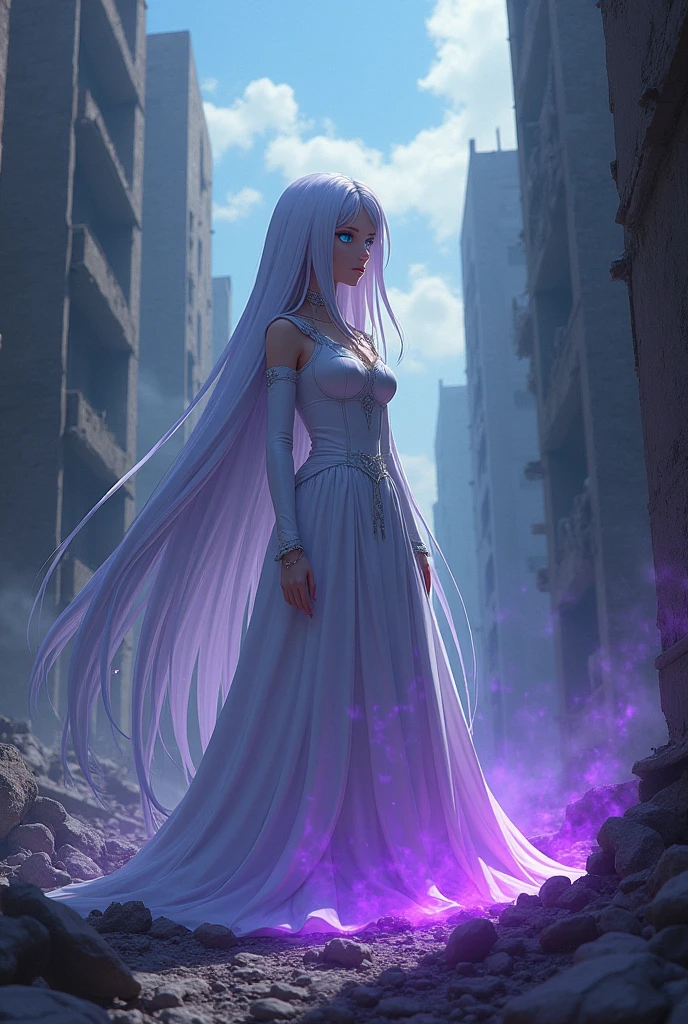 Create an image of an anime girl with white hair, long and smooth, Caucasian skin, shining blue eyes. She has a purple-black aura of power radiating around her., She is in a destroyed city, She has an expression of superiority and arrogance