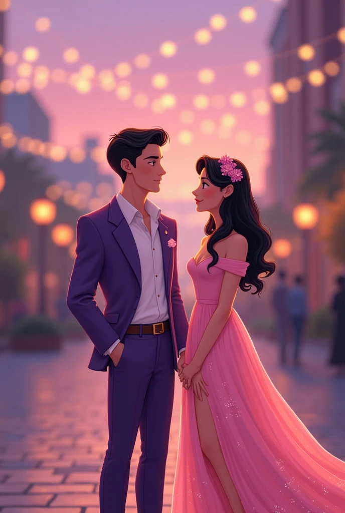 I need a drawing of a couple in cocktail attire, but not too formal., for dress code reference. The drawing should be minimalist and Disney style. The color palette can be pink and purple