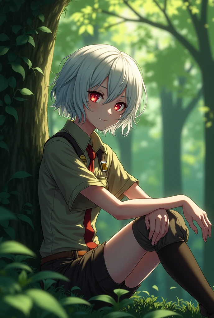 Attack on titan of a caracter in MAPPA Studio screen cap style. she has short wafy white hair and red wide-eyes. She . Sitting walking with Levi Ackarman. She wear scound legion uniform. Background green forest.