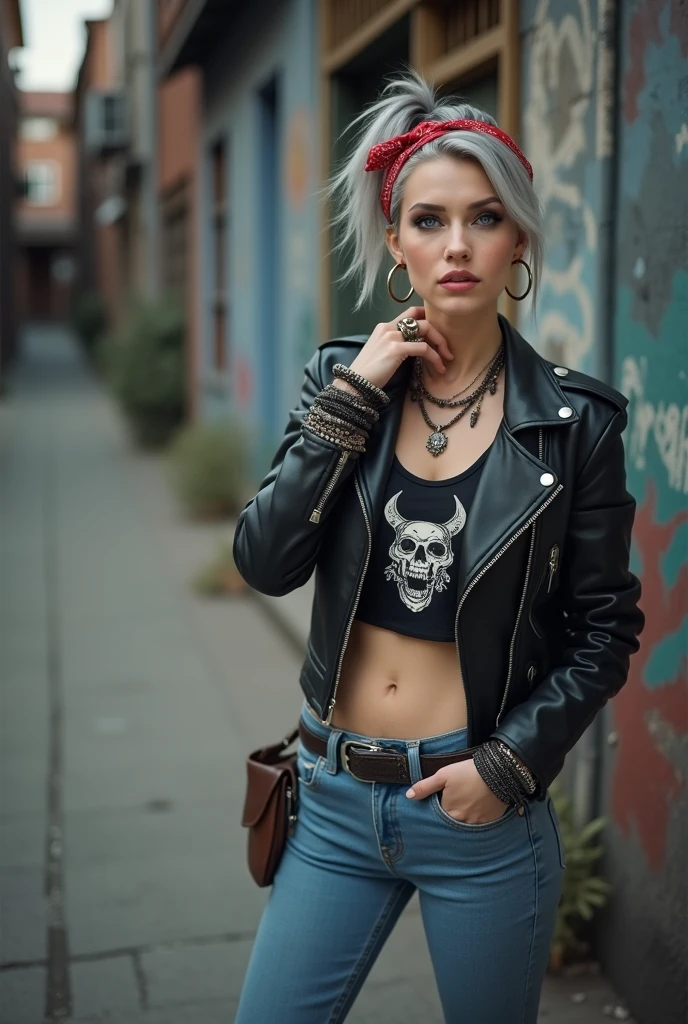 russian milf woman, biker gang member, grey hair (top bun) with bandana headband, with very light blue eyes, extremely pale, heavy eye shadows. Thin. Sad, humbled face, smeared excessive make up and smeared lipstick Wearing black moto jacket, cropped t-shirt with devil logo, skinny blue jeans and black cowboy boots . Lots of metallic bracelets. Tacky leather belt with oversized, excessive silver buckle. One hand in her neck, the other in one pocket. Lots of rings. Wide loop earrings. Looks down like talking to God, mouth and eyes open. Bites her lip