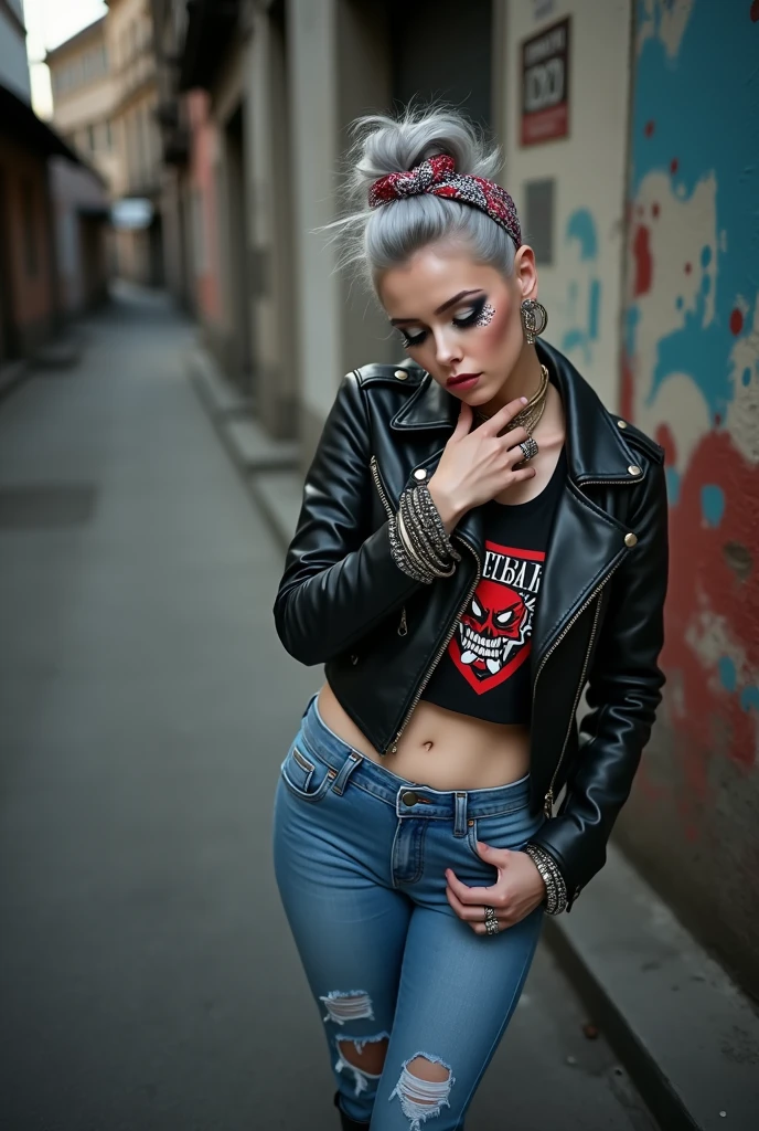 russian milf woman, biker gang member, grey hair (top bun) with bandana headband, with very light blue eyes, extremely pale, heavy eye shadows. Thin. Sad, humbled face, smeared excessive make up and smeared lipstick Wearing black moto jacket, cropped t-shirt with devil logo, skinny blue jeans and black cowboy boots . Lots of metallic bracelets. Tacky leather belt with oversized, excessive silver buckle. One hand in her neck, the other in one pocket. Lots of rings. Wide loop earrings. Looks down like talking to God, mouth and eyes open. Bites her lip