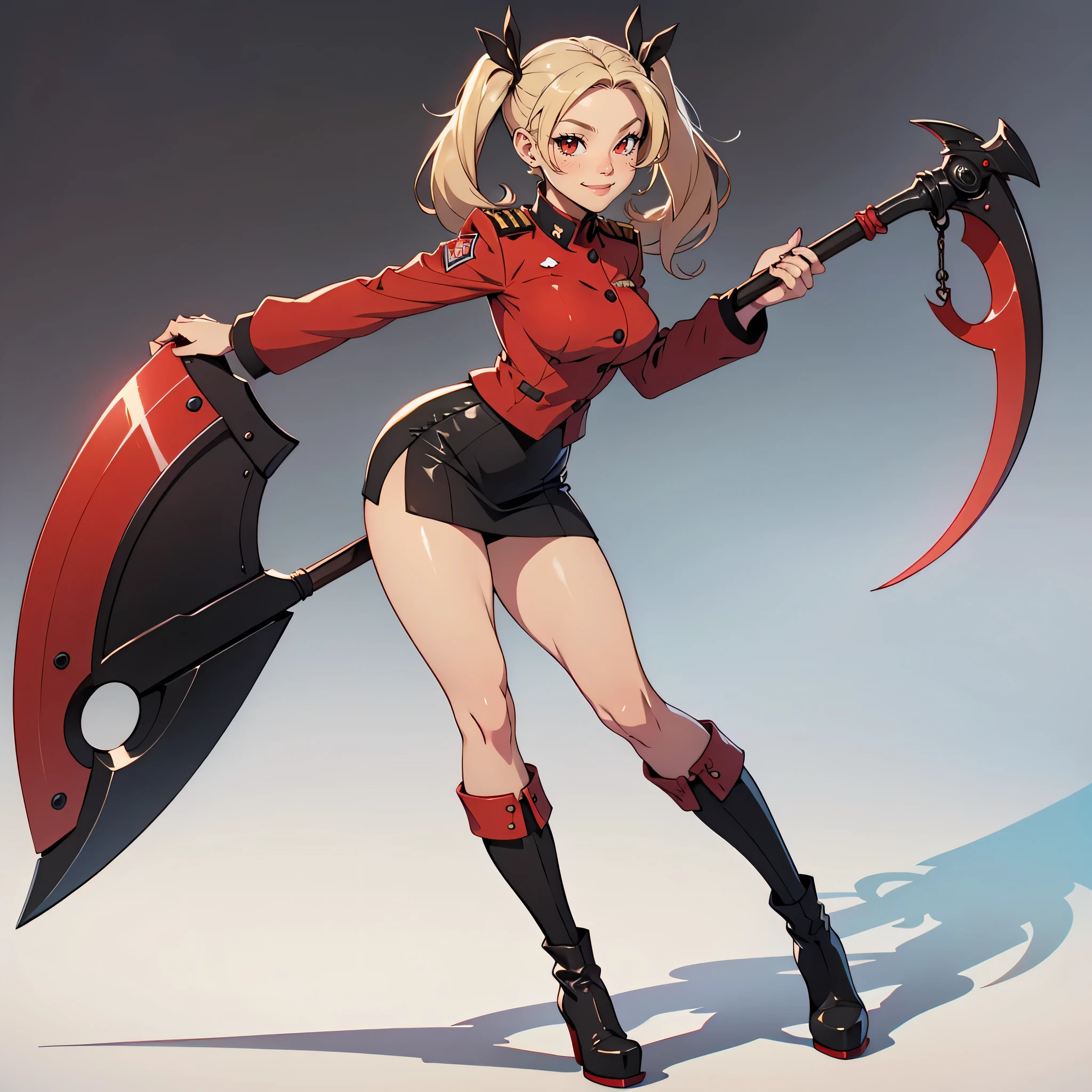 Very detailed, smiling facial expression, cute face, figure, full body view, small breasts, blonde hair with twintails, red eyes, looking at viewer, black and red uniform, skirt, black boots, holding scythe, sexy pose.