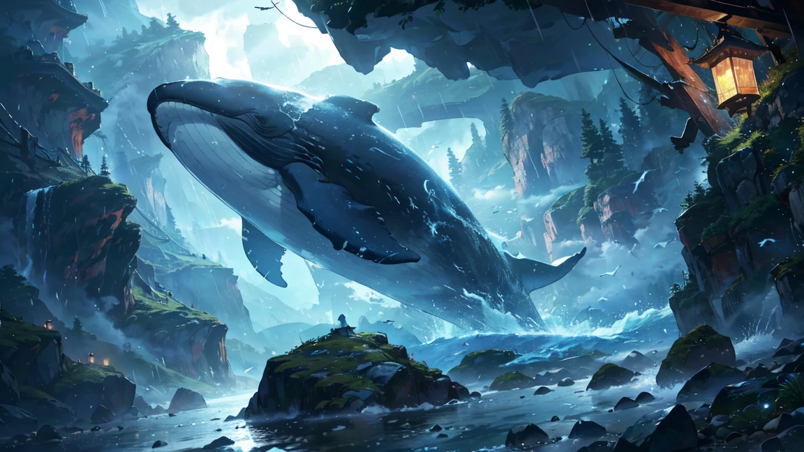 absurdres, A whale dancing among steep rocky mountains,Only the huge tail fin is visible, Very long body, Chinese peaky rock mountain, Heavy Rain, storm, Cloudy, darkness, storm, Vision, Mysterious Clouds, cliff,Thick Fog,Thick Fog, forest,  wood, Only the light of the lantern, Poor visibility, Whale, Monster, flying, simple, flat desinge, There is no one