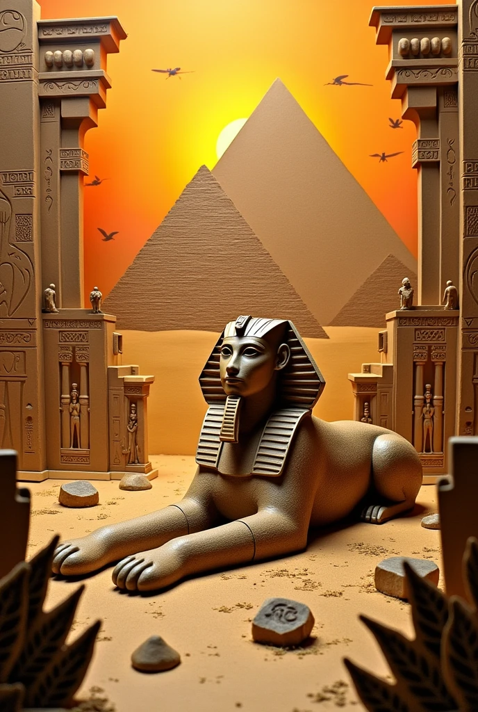 Create a cardboard image with the subjects: pyramids, ancient Egyptian art, and ancient Egyptian architecture. With the additions of, Sphinx, ilm, construction techniques of the ancient Egyptians and architectural symbolism of ancient Egypt
