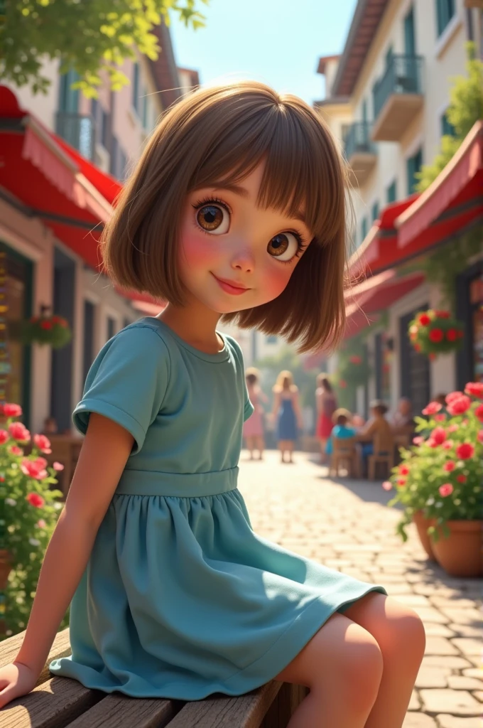 Show a realistic photo of a 11 to 120 cm tall, with fair skin medium, brown medium straight short hair to the base of the neck and medium brown eyes she is wearing a sky blue short-sleeved dress below the knees she is on a bench in a square with a sunny sky