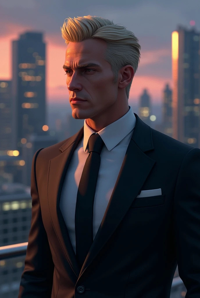40 year old man, Her hair is short blonde, your eyes are brown, Her skin is white, Their expression is serious and cold, Their executive and elegant clothing is in shades of black and white., Digital illustration of video game characters