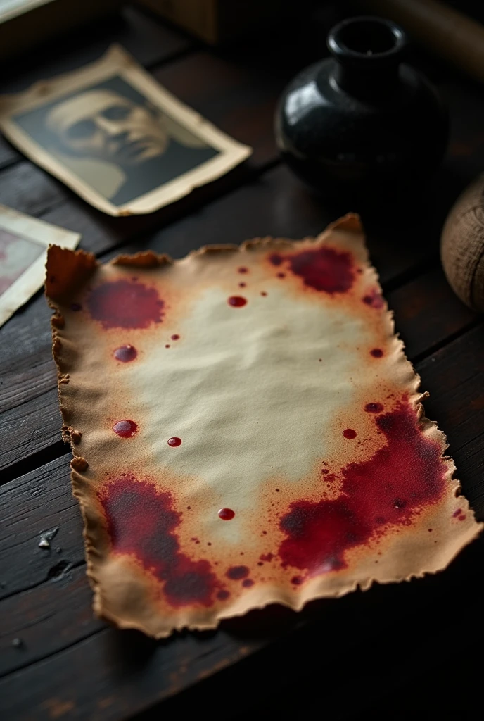 An old, bloodstained letter with nothing written on it