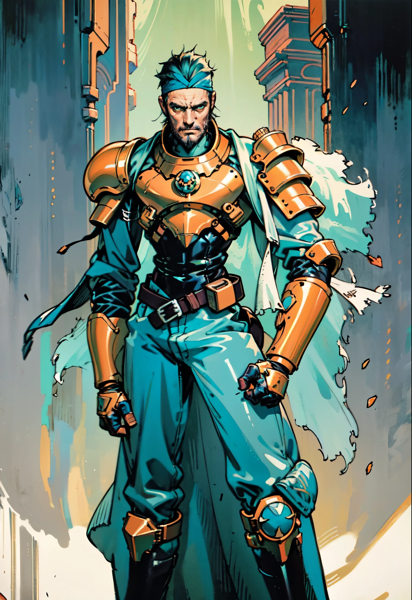 (masterpiece:1.2, best quality:1.2, extremely delicate:1.2), ((male:1.5)), a middle-aged man with short dark blue hair, a green headband tied around his forehead, sharp eyes, a heroic face, long sideburns, a long beard on his chin, a confident expression, a tall and muscular build, a fantasy-realist style short-sleeved coat, with a white and green form-fitting chest armor underneath, a flowing cape hangs from his right shoulder, heavy iron wrist guards, his belt is connected to small skirt armor plates, coarse cloth trousers, long boots that include shin guards, stands like a guardian in front of a city gate, this character embodies a finely crafted fantasy-realist style warrior in anime style, exquisite and mature manga art style, dramatic, high definition, highres, ultra-detailed, ultra-fine painting, professional, perfect body proportions, golden ratio, anatomically correct, symmetrical face, extremely detailed eyes and face, high quality eyes, creativity, RAW photo, UHD, 32k, Natural light, cinematic lighting, (masterpiece-anatomy-perfect:1.2)