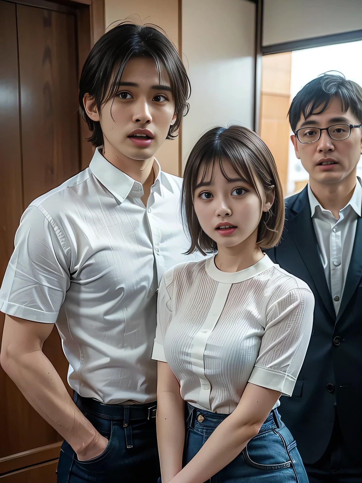 (high quality), (Realistic photos)、1 male、1 female、No audience、((Hotel Front Desk:1.ung Japanese couple arguing face to face:1.4))、((Angry Japanese woman and a Japanese man trying to talk to her:1.4)) 、((White short sleeveTA woman with short hair wearing a shirt:1.4))、((Man in formal suit:1.4))、((A woman glares at a man:1.7))、((A woman wearing a denim skirt that accentuates her thighs:1.4))、((White short sleeveTWoman in a shirt:1.4))、((woman with scary expression:1.4))、