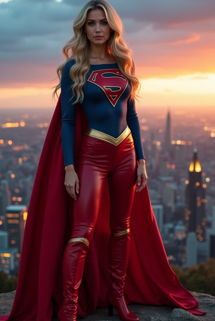 A beautiful woman Gaia Weiss under the mantle of the Kryptonian Kara Zor-El aka Supergirl Superman Man Of Steel Movie Costume red leather pants red boots with white stripe down the middle