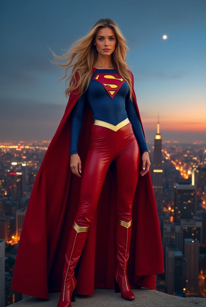 A beautiful woman Gaia Weiss under the mantle of the Kryptonian Kara Zor-El aka Supergirl Superman Man Of Steel Movie Costume red leather pants red boots with white stripe down the middle