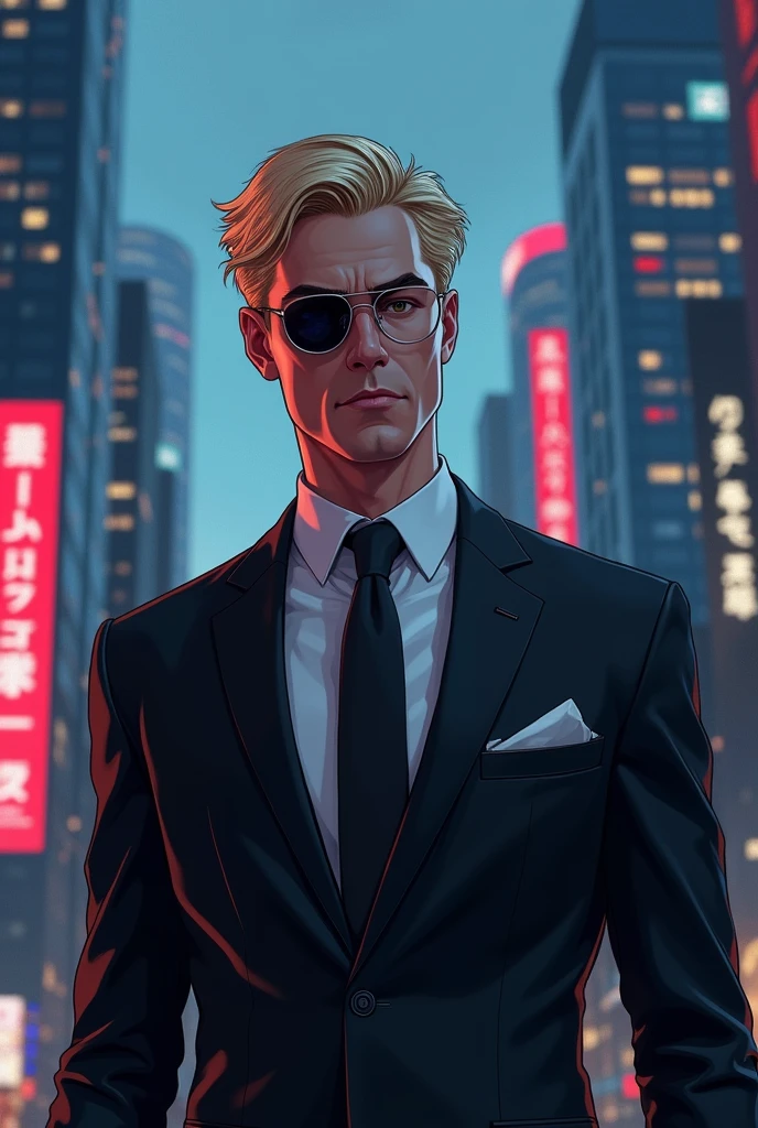 40 year old man, Her hair is short blonde, your eyes are brown, Her skin is white, Their expression is serious and cold, ,one lens, Their executive and elegant clothing is in shades of black and white., Digital illustration of video game characters