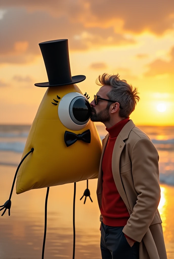 a realistic image of a floating Two-dimensional yellow triangle with a giant eye with a black iris , that eye is in the middle of his body And has eyelashes, This character does not have a mouth, but it does have two thin arms and two legs like spaghetti that are black, The triangle is wearing a long black top hat and A black bow tie under his eye. This character will be receiving a kiss on the cheek from a handsome man with gray hair, black plastic glasses, a kind of red turtleneck, and dark pants, Over the red turtleneck sweater, he is wearing a Beige overcoat .The background will be a sunset on the beach. The main characters will be centered in the image very close to the camera.
