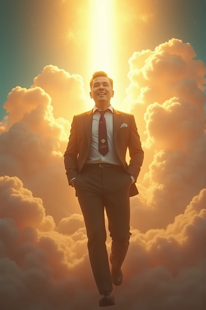 Create a realistic image of Silvio Santos going to heaven, deceased. In the image, place a text with one of your iconic phrases.