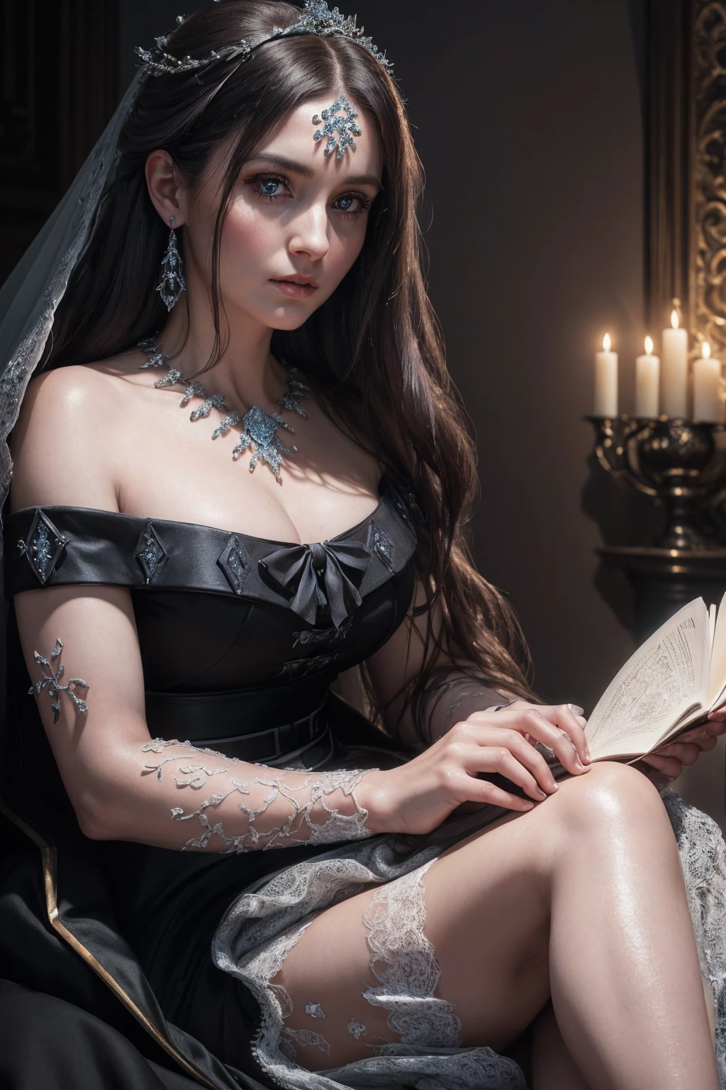 a beautiful mature woman in a victorian dress, white long curly hair, seductive expression, detailed facial features, intricate lace dress, ornate jewelry, dramatic lighting, chiaroscuro, oil painting, highly detailed, photorealistic, cinematic, (best quality,8k,highres,masterpiece:1.2),(realistic,photorealistic,photo-realistic:1.37)