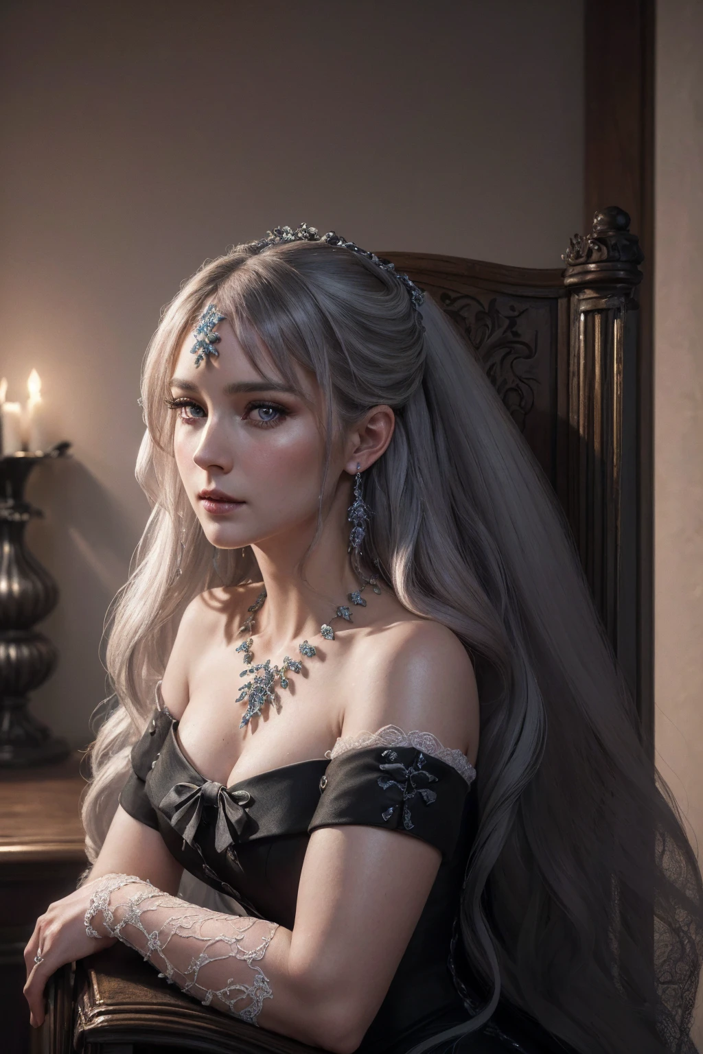 a beautiful mature woman in a victorian dress, white long curly hair, seductive expression, detailed facial features, intricate lace dress, ornate jewelry, dramatic lighting, chiaroscuro, oil painting, highly detailed, photorealistic, cinematic, (best quality,8k,highres,masterpiece:1.2),(realistic,photorealistic,photo-realistic:1.37)