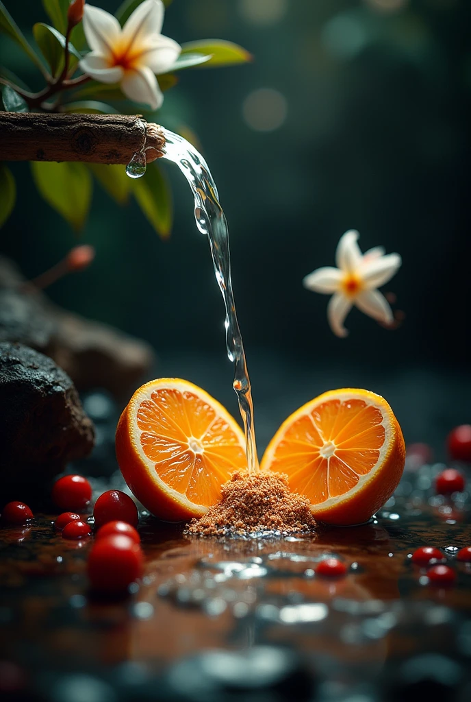 Water , with bergamot halves split in the air red berries with sand ,
in a dark environment, with jasmine flowers and also patchouli