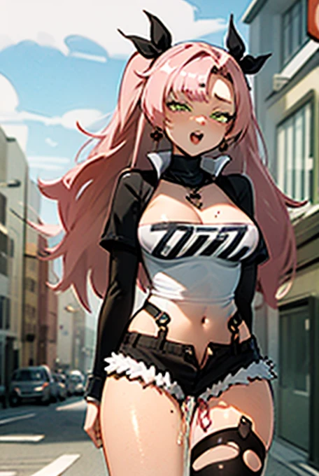 nicoledemara, nicole demara, (green eyes:1.5), pink hair, hair ornament, hair ribbon, hairclip, long hair, mole, mole on breast, mole on thigh, mole under eye, two side up, ribbon, smirk, smile, open mouth,
BREAK black footwear, black ribbon, black shorts, black socks, black thighhighs, boots, cleavage, crop top, earrings, jewelry, kneehighs, nail polish, necklace, o-ring, short shorts, shorts, single kneehigh, single sock, single thighhigh, socks, thigh strap, thighhighs, torn clothes, two side up,
BREAK outdoors, city, sky, clouds, sun, buildings, crowd, people, alley,
BREAK looking at viewer, (cowboy shot:1.5),
BREAK (masterpiece:1.2), best quality, high resolution, unity 8k wallpaper, (illustration:0.8), (beautiful detailed eyes:1.6), extremely detailed face, perfect lighting, extremely detailed CG, (perfect hands, perfect anatomy), nsfw, orgasm, ahegao, vibrator