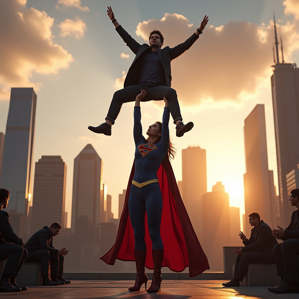 Kara Danvers lifting a large man high above her head with her strong arms. Photorealistic. Wide angle. City skyline in the background.