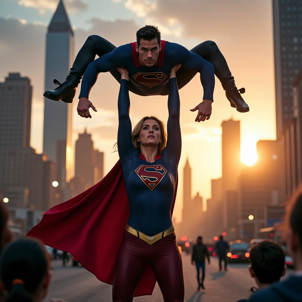 Kara Danvers lifting a large man high above her head with her strong arms. Photorealistic. Wide angle. City skyline in the background.