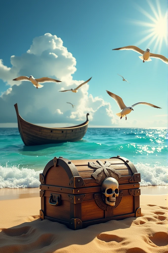 TREASURE CHEST
WITH SKULL SYMBOL
BEACH BACKGROUND WITH BOAT