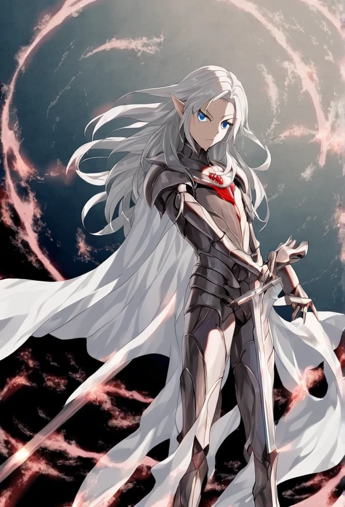 Selene Glavariel Arathel, a 16-year-old human-elf hybrid with silver hair, blue eyes, a slender and tall figure, a leather armor with silver and red adornments, and a white cape with embroidered symbols. She is holding a sword in front of her and has a determined expression. The style is anime. The background is a plain color.