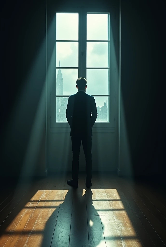 Create a melancholic and introspective album cover for the song 'EU QUIS VOCE.' The title 'EU QUIS VOCE' must be prominently displayed on the image in a sophisticated, elegant font that blends seamlessly with the overall aesthetic but remains clearly visible.
The scene should depict a dimly lit room with a man standing near a large window or mirror, his back to the viewer, creating a sense of distance and introspection. The lighting should be soft, casting long shadows that add depth and a sense of mystery to the scene.
In the reflection of the window or mirror, the man’s face should be slightly blurred, symbolizing the duality of his actions and the hidden truths within him. The color palette should be a mix of deep blues, muted grays, and warm amber tones, creating a somber and reflective mood. Ensure that the text 'EU QUIS VOCE' is clearly visible and integrated into the design.
