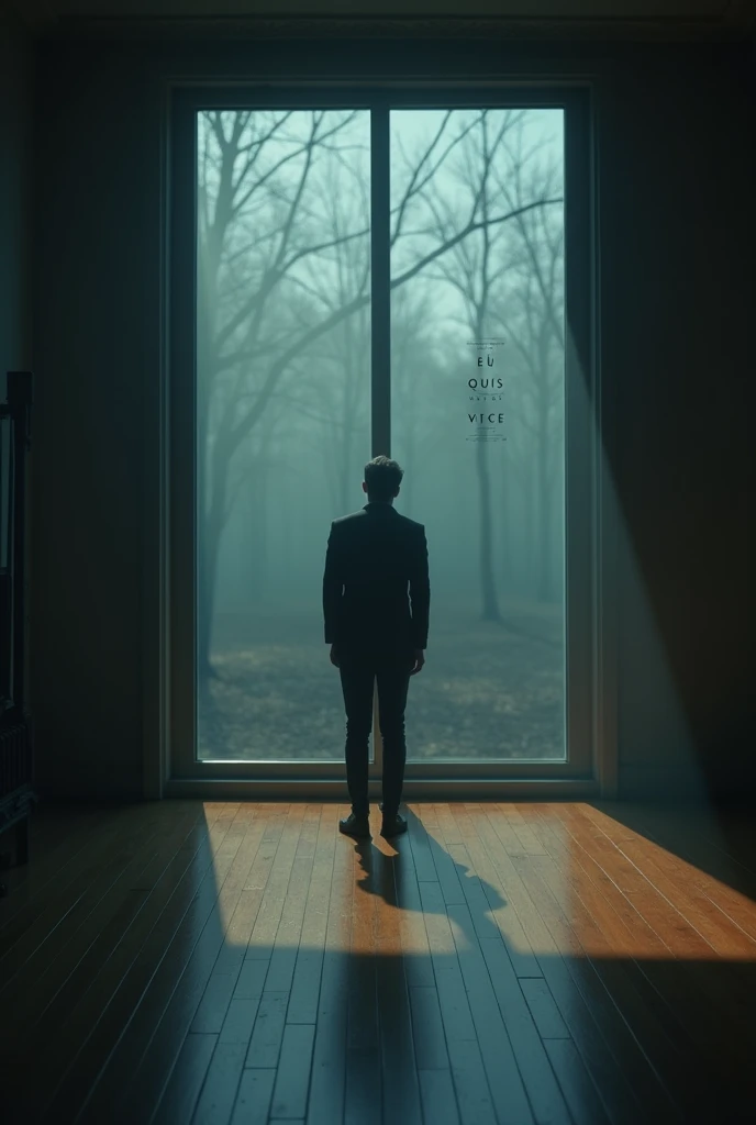 Create a melancholic and introspective album cover for the song 'EU QUIS VOCE.' The title 'EU QUIS VOCE' must be prominently displayed on the image in a sophisticated, elegant font that blends seamlessly with the overall aesthetic but remains clearly visible.

The scene should depict a dimly lit room with a man standing near a large window or mirror, his back to the viewer, creating a sense of distance and introspection. The lighting should be soft, casting long shadows that add depth and a sense of mystery to the scene.

In the reflection of the window or mirror, the man’s face should be slightly blurred, symbolizing the duality of his actions and the hidden truths within him. The color palette should be a mix of deep blues, muted grays, and warm amber tones, creating a somber and reflective mood. Ensure that the text 'EU QUIS VOCE' is clearly visible and integrated into the design.