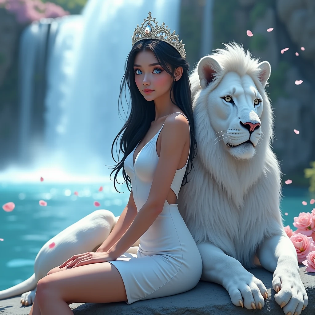 a beautiful woman with long, straight, jet-black hair, intense blue eyes, dressed in a tight white dress, Sitting on a stone with a beautiful waterfall in the background. Rose petals fall, She is with a large white lion. She wears a diamond crown, with mist and white glow. profile picture. animated digital art