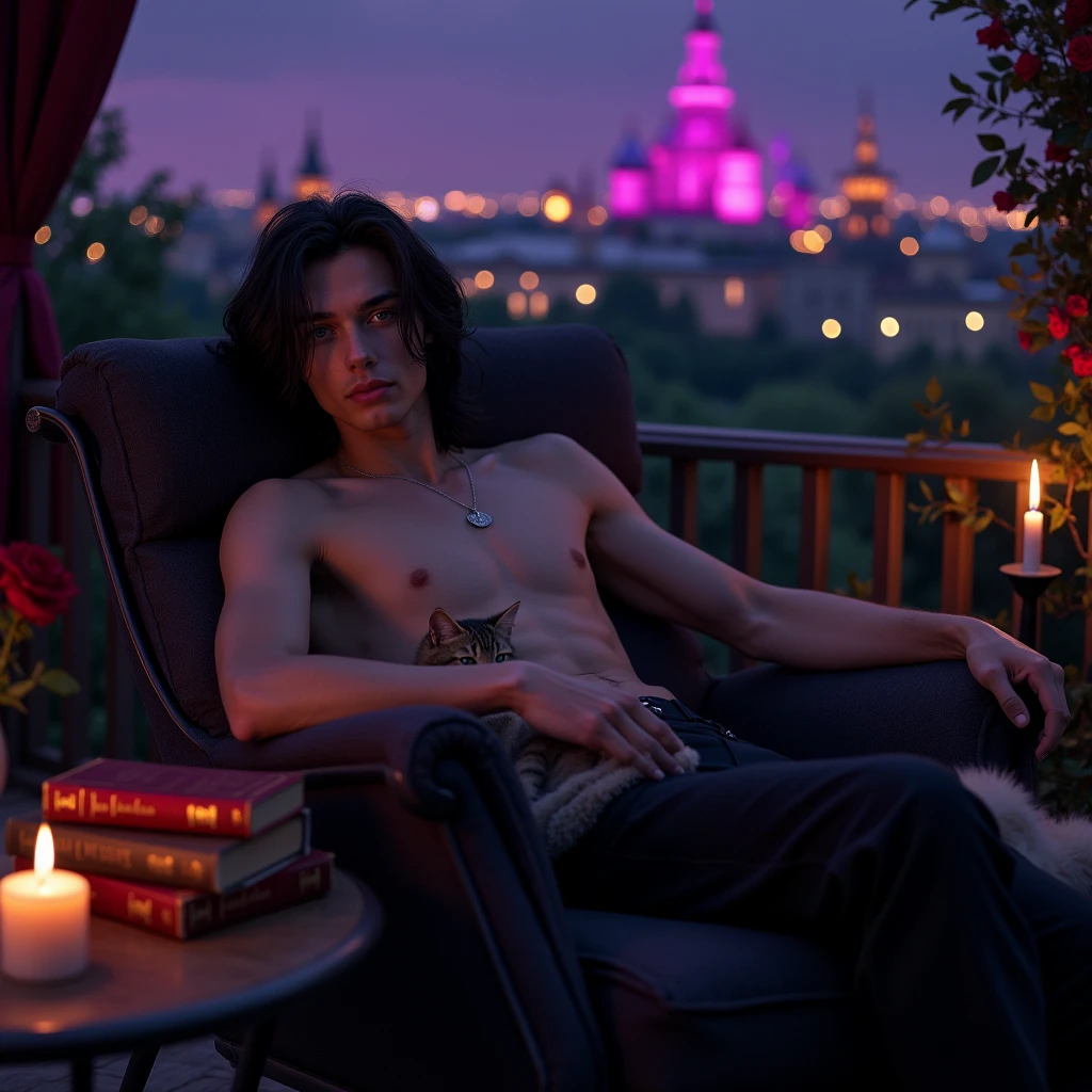 Male, sexy, long black hair, teal blue eyes, young, gothic, delicate features, no facial hair, no body hair, seductive, white and pale. sitting in a chair on a candle-lit veranda overlooking a Russian city at night. Roses. Sexy pose. Purple and black. Sexy. Sexy pose. Seductive. Sensual. Long eyelashes. No facial hair. Pretty face. Thick legs. Sexy pose. Fyodor Dostoevsky books on the table. Man. Male. Cute kitten on his lap. Smirking. No body or facial hair. Young male. Tiny waist. Cute.