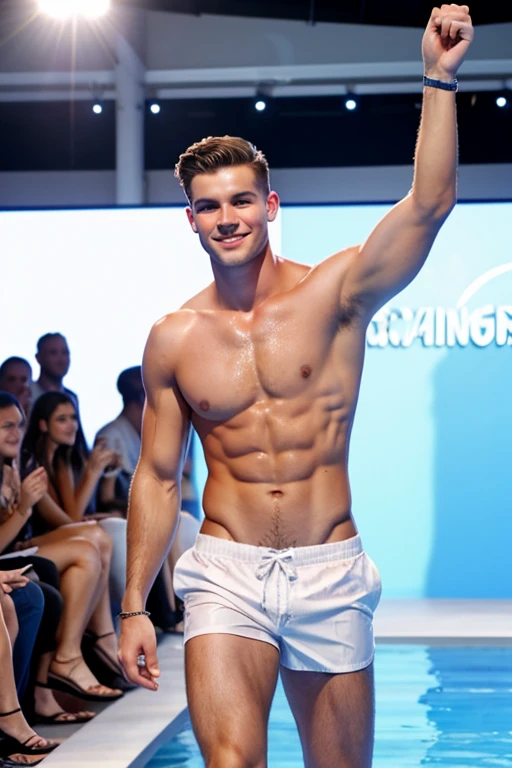 Handsome young man with a lean, white, beautiful face, soft skin, shirtless, wearing swim trunks, on a male runway, the public applauds him and celebrates with bubbles. Tall, white, carefree man.