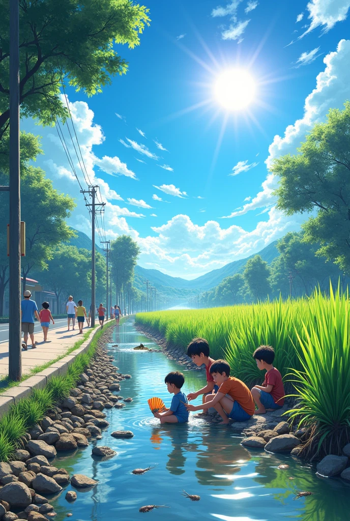 The scorching sun shines on the blue sky、Steam rising from the asphalt。Person using a fan々can be seen on the street corners.、The smell of mosquito coils wafts through the air.。In the Yamadanishiki rice fields、The boys are enjoying fishing for crayfish.。