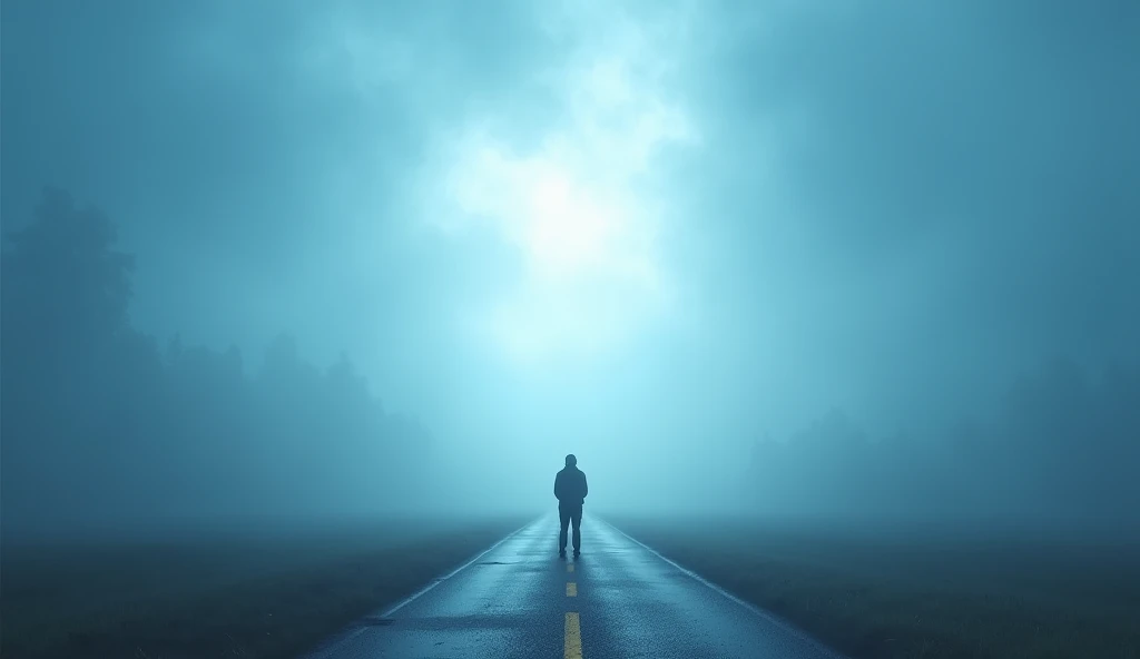 Recognize the signs to align with God: A person at an intersection, with a bright bluish sky showing a clear direction, while other directions are shrouded in mist, representing the importance of following divine signs.