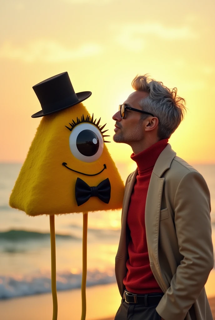 a realistic image of a floating Two-dimensional yellow triangle with a giant eye with a black iris , that eye is in the middle of his body And has eyelashes, This character does not have a mouth, but it does have two thin arms and two legs like spaghetti that are black, The triangle is wearing a long black top hat and A black bow tie under his eye. This character will be receiving a kiss on the cheek from a handsome man with gray hair, black plastic glasses, a kind of red turtleneck, and dark pants, Over the red turtleneck sweater, he is wearing a Beige overcoat .The background will be a sunset on the beach. The main characters will be centered in the image very close to the camera.