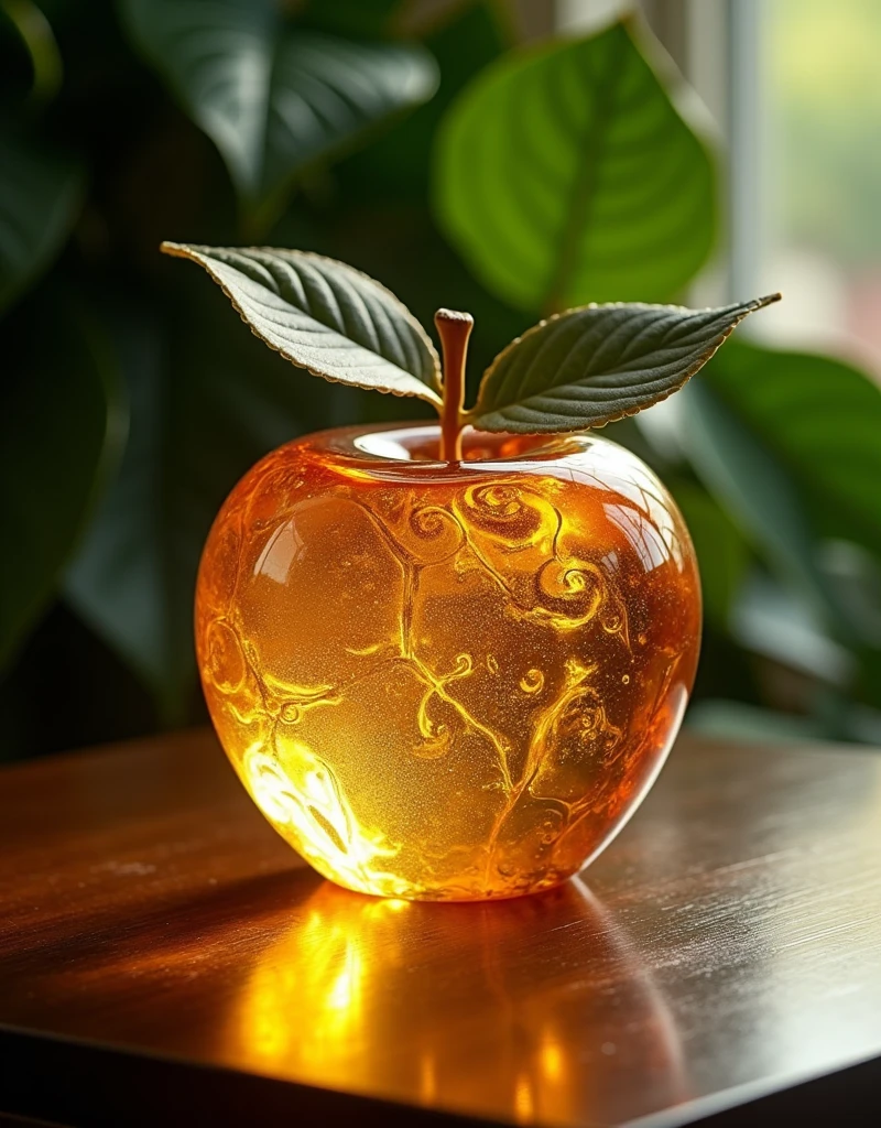 an apple made of Ultra-clear glass,gold color