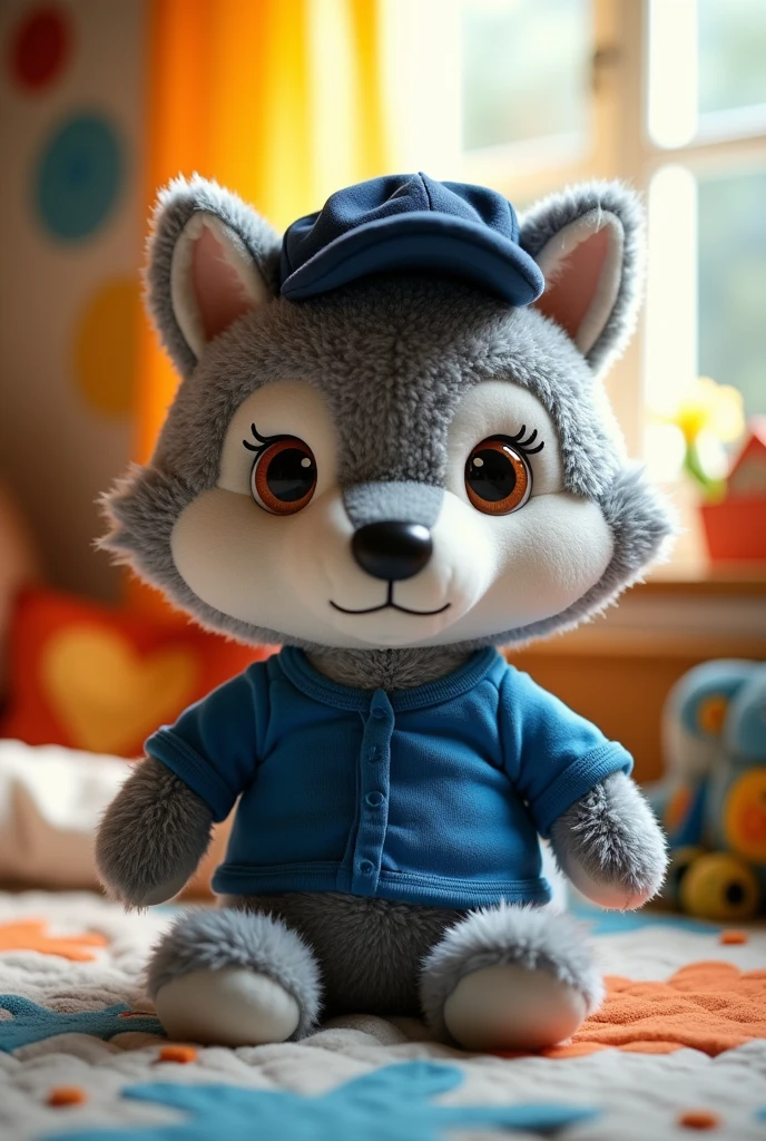 A stuffed gray wolf, with a blue shirt, and wearing a dark blue cap 