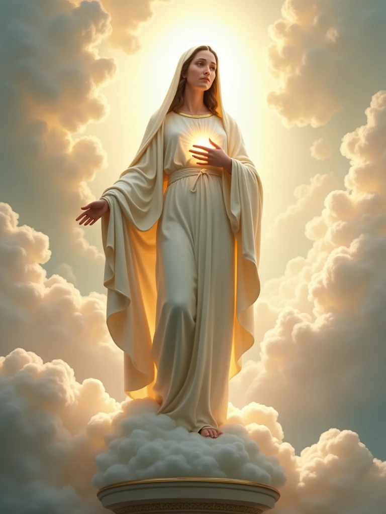 Virgin Mary in a white tunic and white shawl, standing with one hand extended and the other on her chest, on a pedestal among clouds.