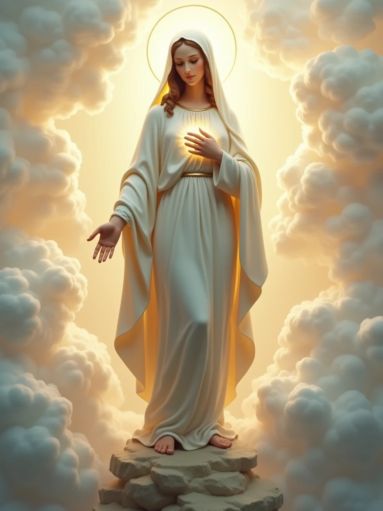 Virgin Mary in a white tunic and white shawl, standing with one hand extended and the other on her chest, on a pedestal among clouds.