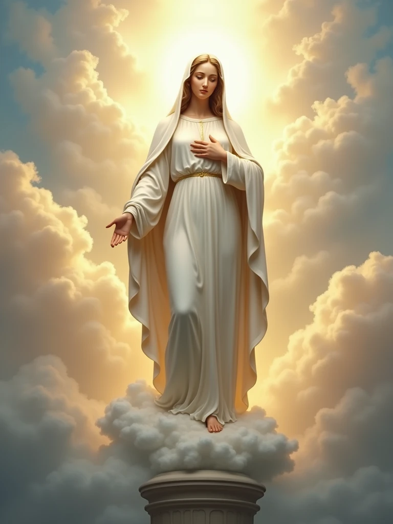 Virgin Mary in a white tunic and white shawl, standing with one hand extended and the other on her chest, on a pedestal among clouds.