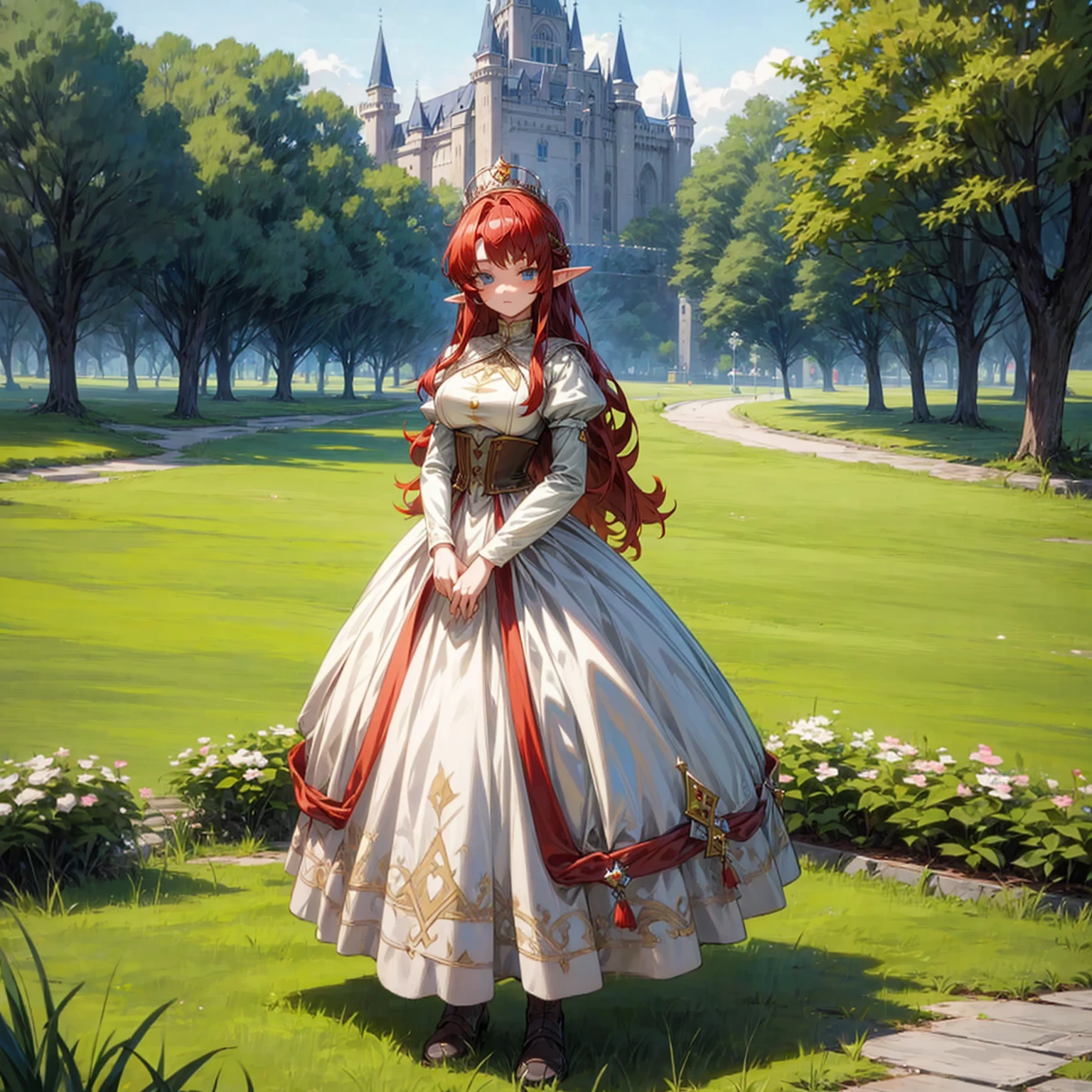 Solo character, full body version, old girl, (elf), blue eyes, red color hair, long Curly haircut, His hair covered his eyes, dress princess outfit, white color dress, outdoor, park, Castle, medieval, detailed background, detailed clothing, detailed hair, standing gesture, (Hunter x Hunter style art), big breast, diamond crown