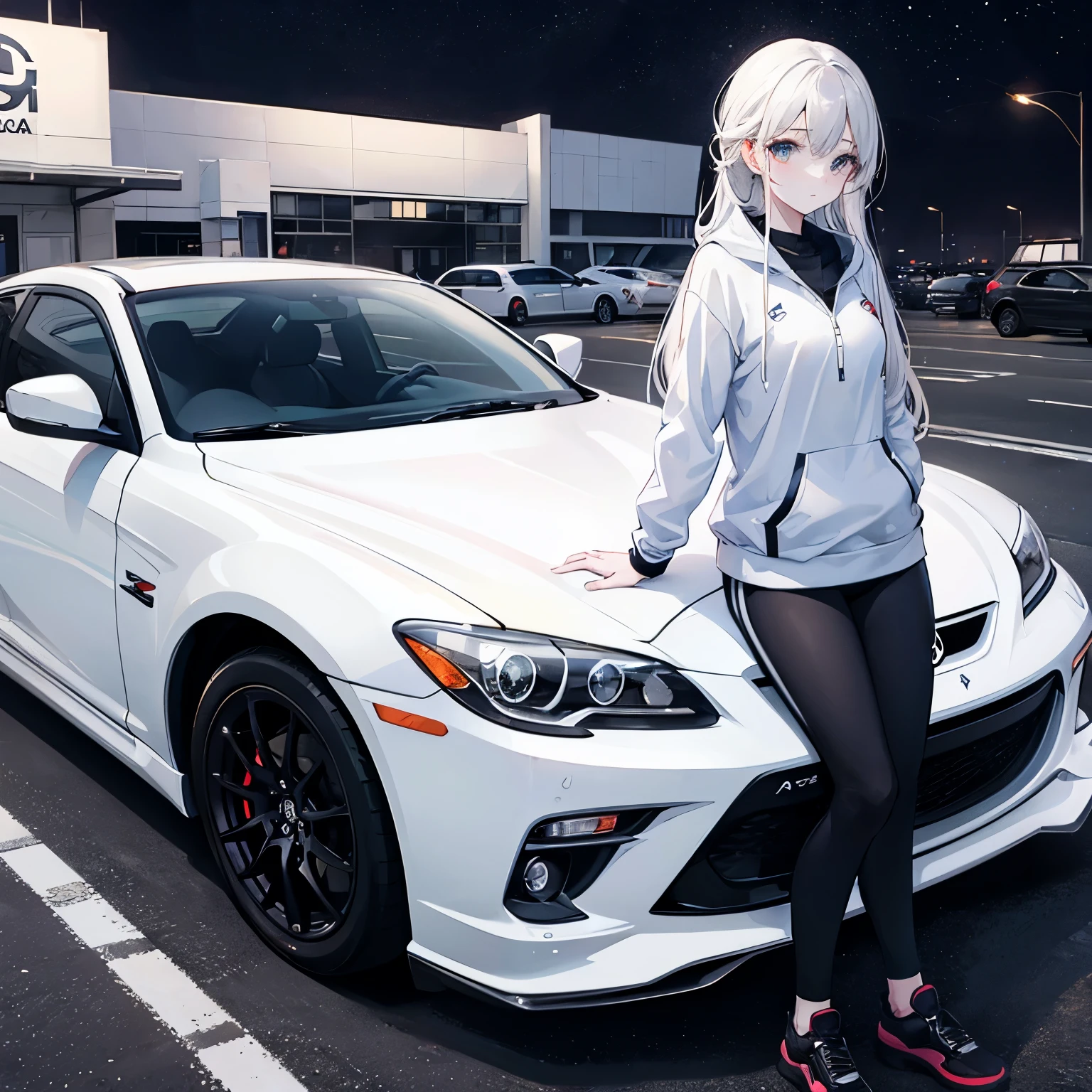 Young girl Beautiful next to her car:White Mazda RX8. In a parking lot at midnight Dark night. With stylish sports clothes. Dark and lonely place. Girl in First plane