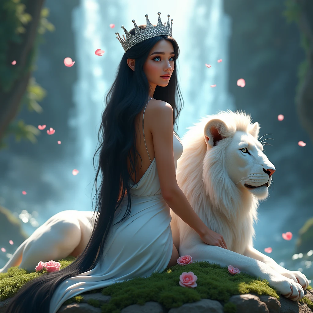 a beautiful woman with long, straight, jet-black hair, intense blue eyes, dressed in a tight white dress, Sitting on a stone with a beautiful waterfall in the background. Rose petals fall, She is with a large white lion. She wears a diamond crown, with mist and white glow. profile picture. animated digital art