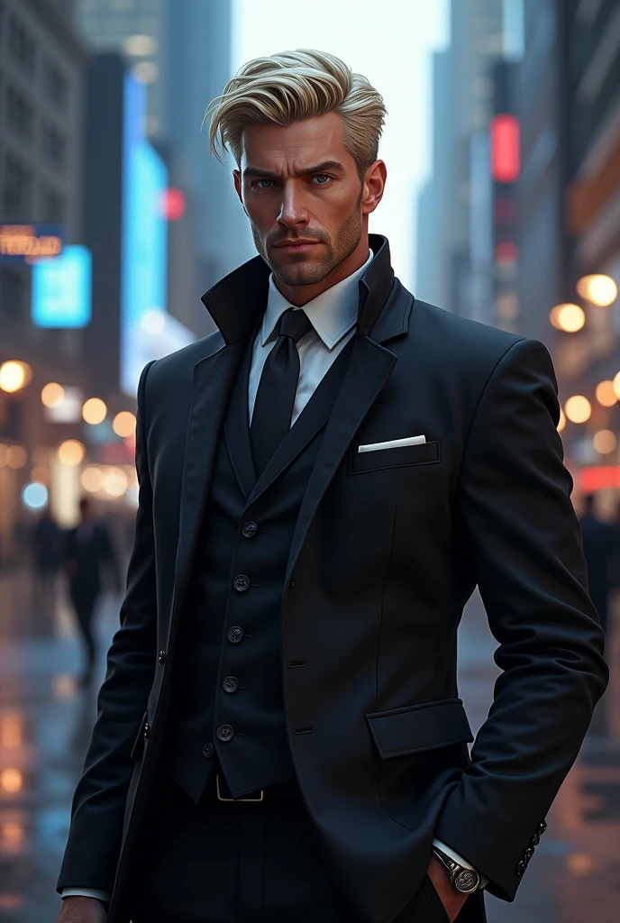 40 year old man, Her hair is short blonde, your eyes are brown, Her skin is white, Their expression is serious and cold, ,one lens, Their executive and elegant clothing is in shades of black and white., Digital illustration of video game characters