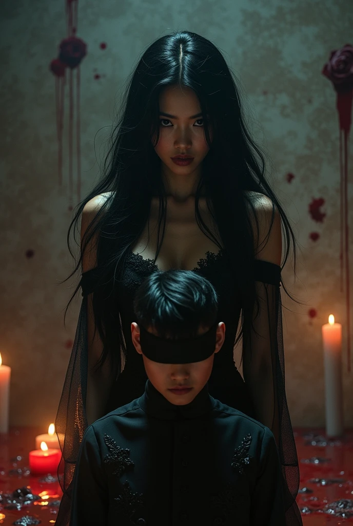 Korean sexy very beautiful woman, cut throat of a boy blindfold, blood splashed